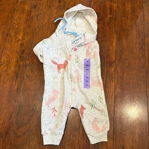 Carter's Cream Hooded Zip Romper with Coral Fox Print